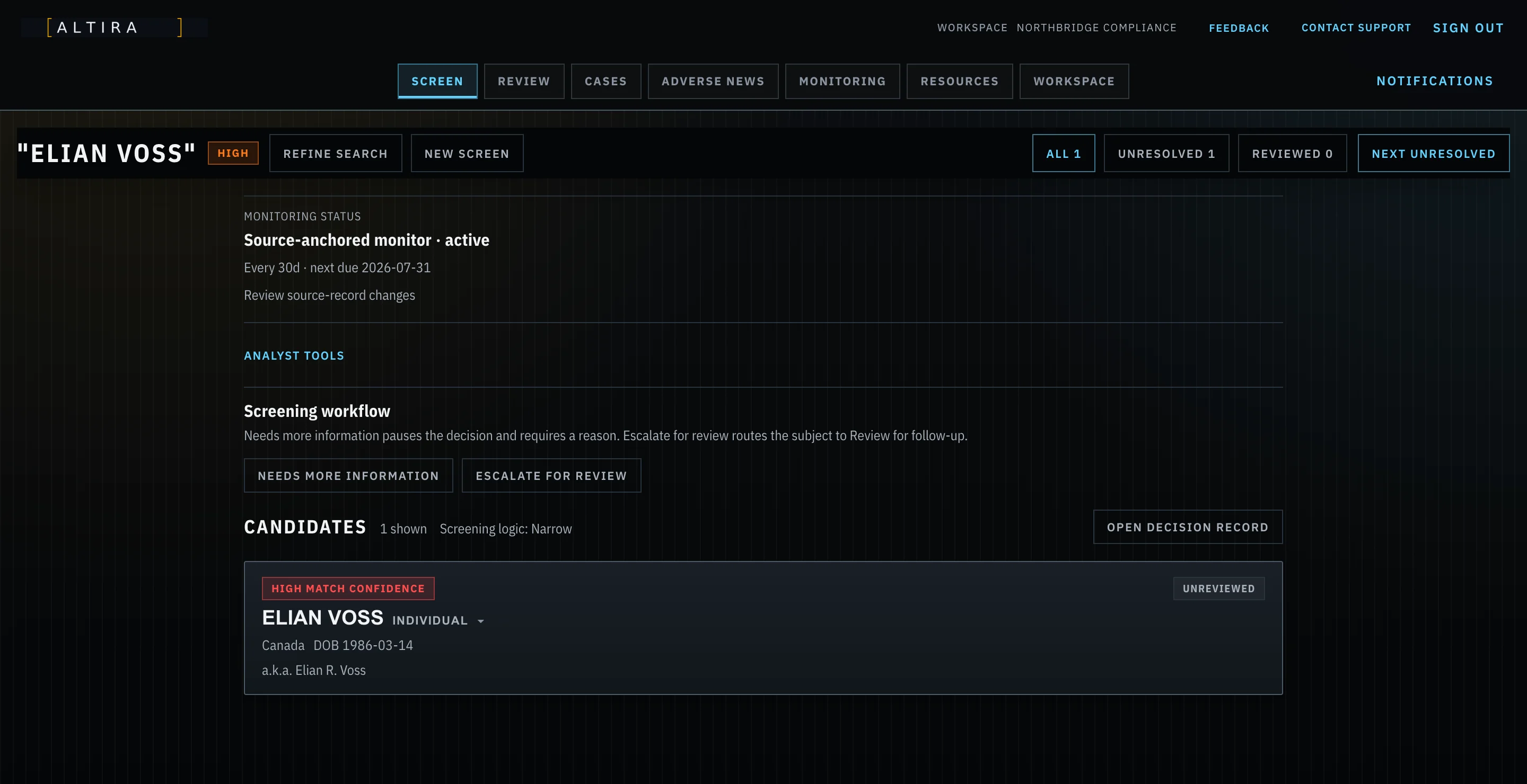 Altira workspace showing application tabs and a focused review queue.