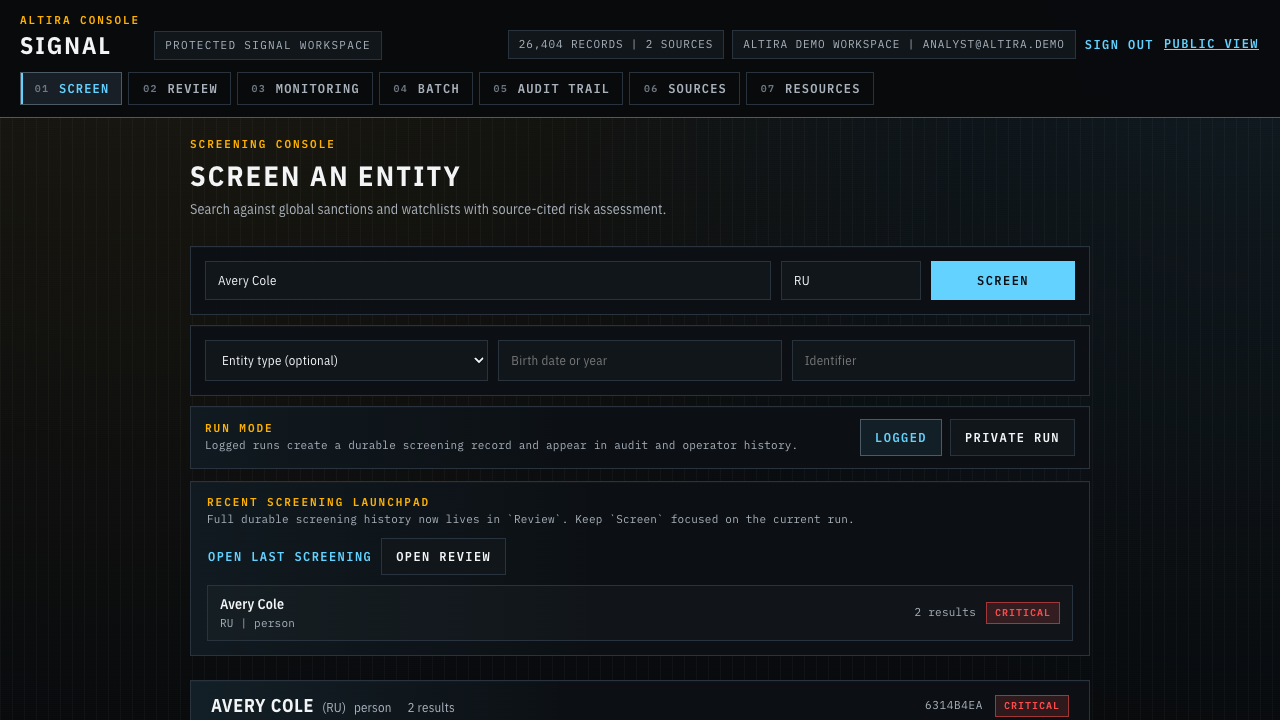 Signal workspace screening record with analyst disposition, evidence controls, and escalation state.